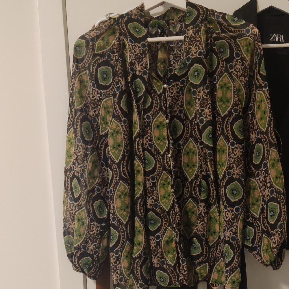 Mango Green and Blue Patterned Blouse